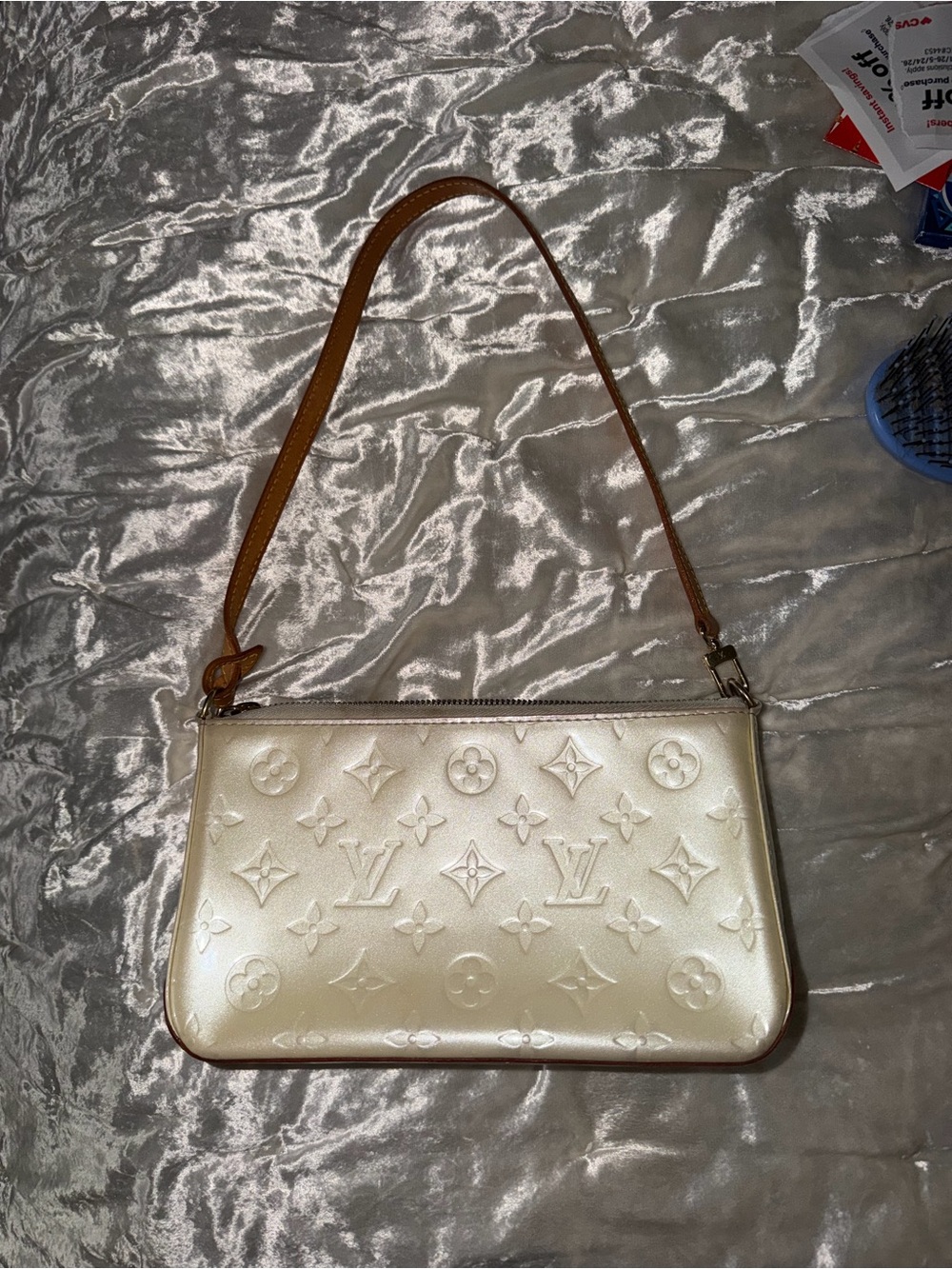 Louis Vuitton Ivory Monogram Embossed Wristlet with Tan Strap